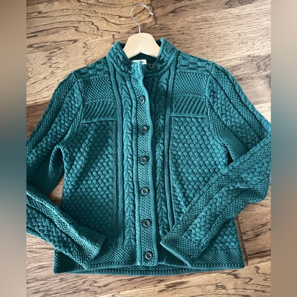 L.L. Bean Teal Heavy Thick Chunky Cableknit Fisherman Cardigan